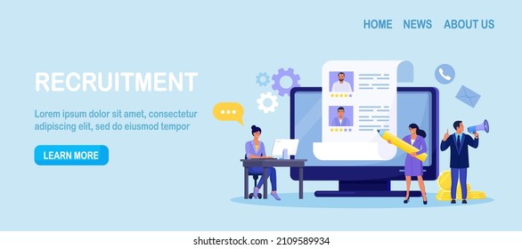 HR Managers Choosing Best Candidate for Job, Searching New Employee. Recruitment, Hiring Process. Online Job interview. Resume of Candidates on Computer Screen. Vector design