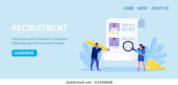 HR Managers Choosing Best Candidate for Job, Searching New Employee. Recruitment, Hiring Process. Online Job interview. Resume of Candidates on Computer Screen. Vector design