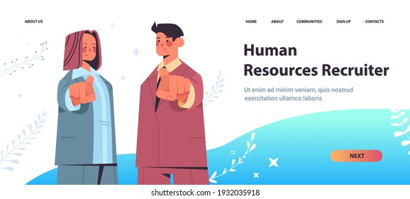 hr managers choosing lucky applicant pointing fingers at camera vacancy open recruitment human resources concept copy space horizontal portrait vector illustration