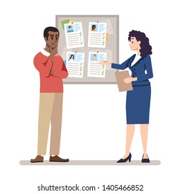 HR managers choosing vacancy candidate resume flat vector illustration. Employers searching workers cartoon characters isolated on white background. Employment service. Recruiters looking for staff