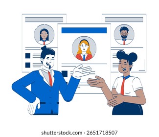 Gerentes de RH discutindo currículos doodle conceito de ilustração. Carreiras corporativas. Conversa de contratação com CVs perfis candidatos personagens 2D desenhos animados isolados em branco. Metáfora de vetor desenhada à mão