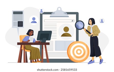 HR managers evaluate candidates resume. Women with magnifying glass evaluate CVs of candidates for vacancy. Headhunting and recruitment, hiring and employment. Flat vector illustration