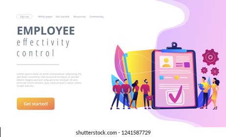 HR managers hiring candidates with hr software and resume on computer. HR software, human resources technology, employee effectivity control concept. Website vibrant violet landing web page template.