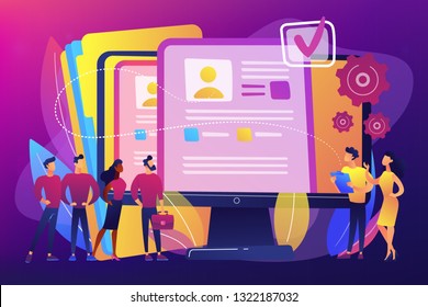 HR managers hiring candidates with hr software and resume on computer. HR software, human resources technology, employee effectivity control concept. Bright vibrant violet vector isolated illustration