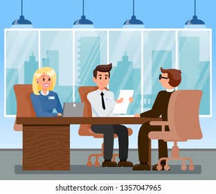 HR Managers Interviewing Applicant Illustration. Candidate at Job Interview. Female Boss Working on Laptop in Office. Man with Badge Holding CV, Resume. Cityscape View from Window Vector Drawing