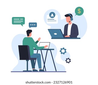 HR managers interviewing job seeker, talking with professional man online via laptop. Process of talking with candidates. Human resource management representatives. Vector flat illustration