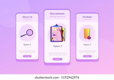 HR managers looking at curriculum vitae of job seeker as a concept of job interview, working experience, recruitment, job application. Violet palette. Mobile UI UX app interface template.