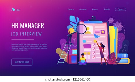 HR managers looking at curriculum vitae of job seeker as a concept of job interview, working experience, recruitment, job application. Violet palette. Website landing web page template.