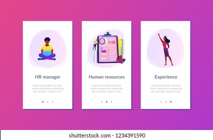 HR managers looking at curriculum vitae of job seeker as a concept of job interview, working experience, recruitment, job application. Violet palette. Mobile UI UX app interface template.