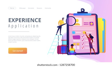 HR managers looking at curriculum vitae of job seeker as a concept of job interview, working experience, recruitment, job application. Violet palette. Website landing web page template.