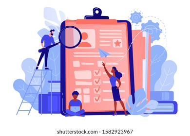 HR managers looking at curriculum vitae of job seeker as a concept of job interview, working experience, recruitment, job application. Pinkish coral blue palette. Vector illustration on white