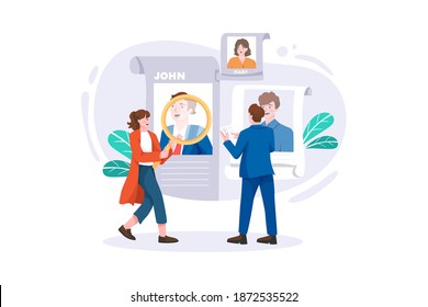 HR managers searching for employee. Male and female workers of recruiting service with magnifying glass looking for best candidate cv, recruitment agency trying to find new talent.