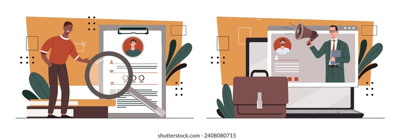 HR managers searching set. Recruiting and headhunting. Two men with magnifying glass and briefcase. Choose candidates to vacation. Cartoon flat vector collection isolated on white background