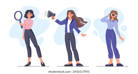 HR managers set. Women in suits with loudspeaker and magnifying glass. Headhunting and recruiting. Company staff and workers. Cartoon flat vector collection isolated on white background