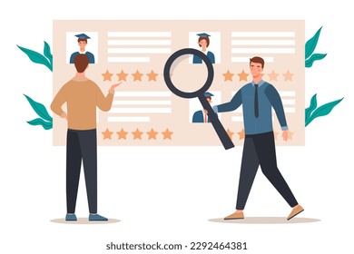 HR managers at work. Man with magnifying glass evaluates rating and ranking of workers. Expansion of companys staff and evaluation of candidates for vacancies. Cartoon flat vector illustration