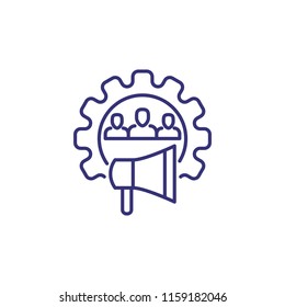 HR marketing line icon. Group of candidates in cog shaper frame with loud speaker. Recruitment concept. Can be used for topics like head hunting, personnel selection, human resource