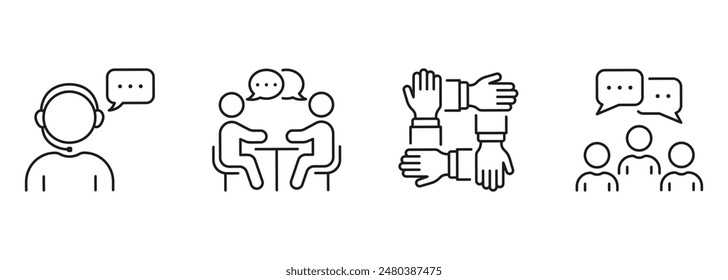 HR Networking Line Icon Set. Team Meeting And Conversation Linear Pictogram. Job Interview Outline Symbol Collection. Recruitment Sign. Editable Stroke. Isolated Vector Illustration.