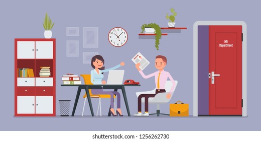 HR office interview, talking with job applicant. Woman in human resources department managing employee, meets with guy hired, administers, and trains personnel. Vector flat style cartoon illustration