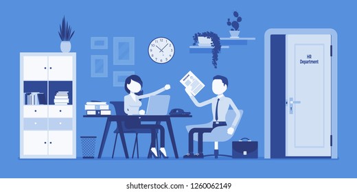 HR office interview, talking with job applicant. Woman in human resources department managing employee, meets with guy hired, administers, trains personnel. Vector illustration, faceless characters