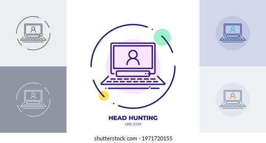 hr online interview line art vector icon. Outline symbol of head hunting. Human resources relates sign made of thin stroke. Isolated on background.