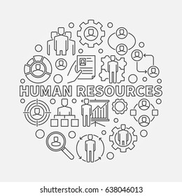 HR outline illustration. Vector round recruitment sign made with phrase HUMAN RESOURCES and thin line icons