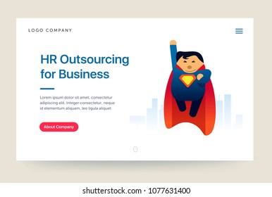 HR outsourcing company website template. Super hero illustration. Home page concept. UI design mockup.