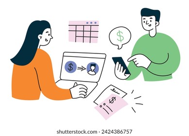 HR payroll hand drawn composition, vector illustration of company accountant paying salary to employee, human resources calculating wages, payment for job, worker getting allowance, finance paperwork