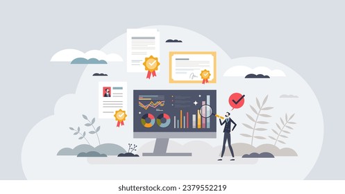 HR performance management and employee efficiency control tiny person concept. Human resources monitoring with sales and profit statistics review vector illustration. Financial salesman evaluation.