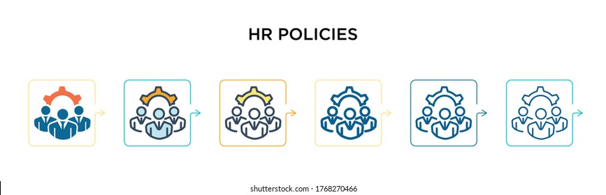 Hr policies vector icon in 6 different modern styles. Black, two colored hr policies icons designed in filled, outline, line and stroke style. Vector illustration can be used for web, mobile, ui