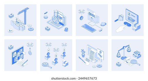 HR process 3d isometric concept set with isometric icons design for web. Collection of online resume searching, candidate job interview, choose applicants, company employment. Vector illustration