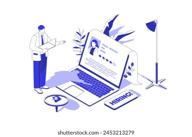 HR process 3d isometric concept in isometry graphic design for web. People scene with manager searching best candidates with online cv, make job offer and interviewing to staff. Vector illustration.