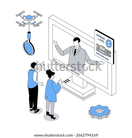 HR process 3d isometric concept with isometry people design for web. Candidates communicating with manager at video job interview, employees get hiring to company contracts. Vector illustration