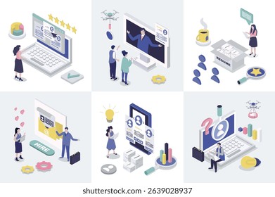 HR process 3d isometry concept for web design. Collection set with isometric people looking candidates for hiring, making job interview at vacancy, searching best online resume. Vector illustration.