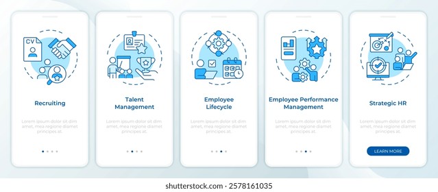 HR process blue onboarding mobile app screen. Management. Walkthrough 5 steps editable graphic instructions with linear concepts. UI, UX, GUI template