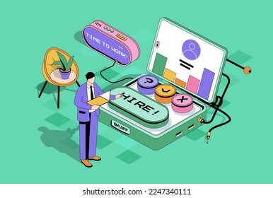 HR process concept in 3d isometric design. Man choosing online resume of best candidates and applicants at interview. Human resources. Vector isometry illustration with people scene for web graphic