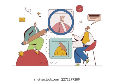 HR process concept with character situation in flat design. Man and woman work as hiring managers, choose best candidates and invite for job interview. Vector illustration with people scene for web