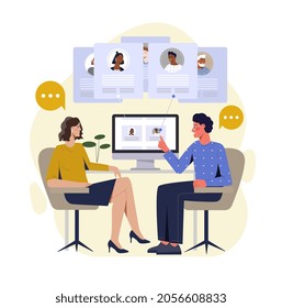 HR process concept. Employees look at resume and choose person for position in company. Open job vacancy. Human resources. Cartoon modern flat vector illustration isolated on white background