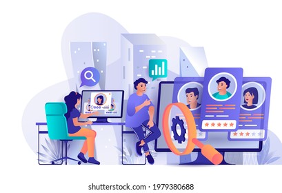 HR process concept in flat design. Search for open vacancy candidate scene template. Recruiting manager selects best resume, human resource, career. Vector illustration of people characters activities