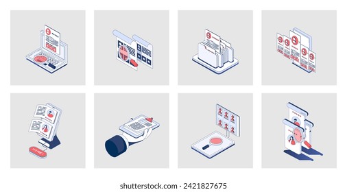 HR process concept of isometric icons in 3d isometry design for web. Human resources and recruitment, candidate choice, job interview at vacancy, online professional resume search. Vector illustration