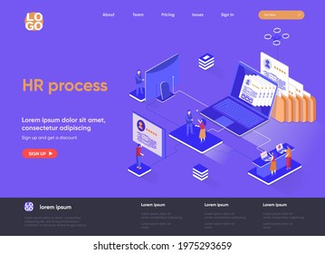 HR process isometric landing page. Human resource management and staff headhunting isometry concept. Study CV of candidates in recruiting agency web page. Vector illustration with people characters.