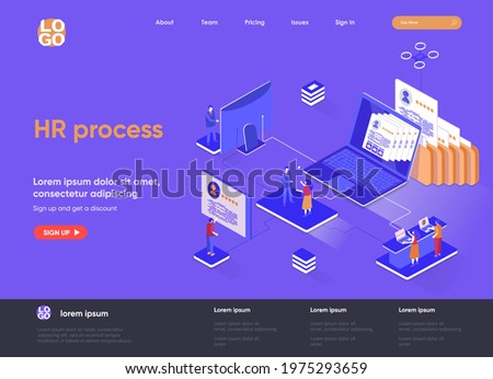 HR process isometric landing page. Human resource management and staff headhunting isometry concept. Study CV of candidates in recruiting agency web page. Vector illustration with people characters.
