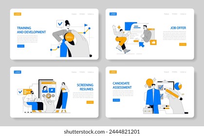HR Process set. Enhancing staff capabilities, securing top talent, streamlining applicant review, evaluating potential hires. Lifecycle of recruitment and workforce development. Vector illustration