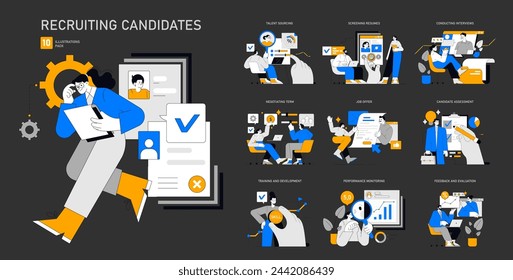 Juego de Procesos HR. Flujo de trabajo de reclutamiento estratégico con obtención de talento, selección de currículum, entrevistas y fases de contratación. Formación, desarrollo y evaluación de los empleados incluidos. Ilustración de vector