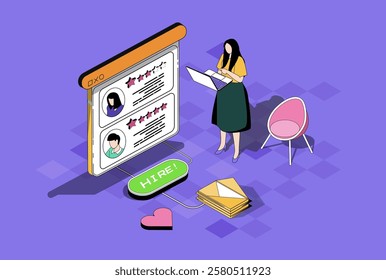HR process web concept in 3d isometric graphic design. Isometry people scene with woman working as head hunter in company, choosing best candidate with online resume to interview. Vector illustration.