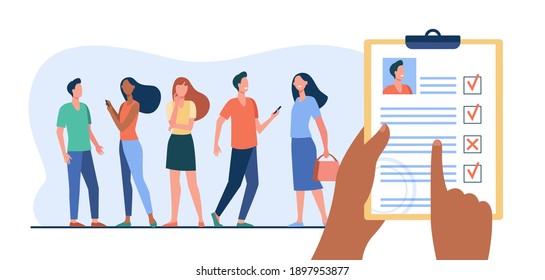 HR professional choosing job candidate. Hands holding personal file, checklist, employee profile. Flat vector illustration. Hiring, recruiting concept for banner, website design or landing web page