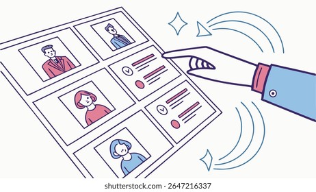 HR professional selecting a top candidate from job applicant profiles, symbolizing recruitment and hiring success and effective talent acquisition.