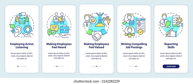 HR professional skills onboarding mobile app screen. Recruitment walkthrough 5 steps graphic instructions pages with linear concepts. UI, UX, GUI template. Myriad Pro-Bold, Regular fonts used