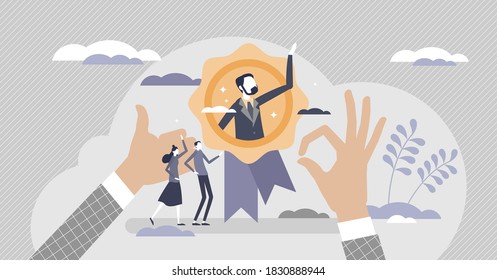 HR recognition as best candidate reputation from recommendations tiny person concept. Symbolic popular professional with outstanding results for headhunting and hiring choice scene vector illustration