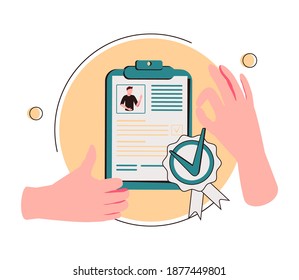 HR recognition as best candidate reputation from recommendations tiny person concept. Symbolic popular professional with outstanding results for headhunting and hiring choice scene vector illustration