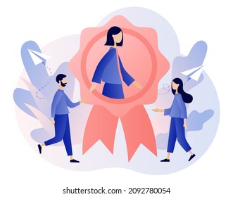 HR recognition concept. Best employee and specialist with great reputation. Business success. Tiny people professional. Modern flat cartoon style. Vector illustration on white background